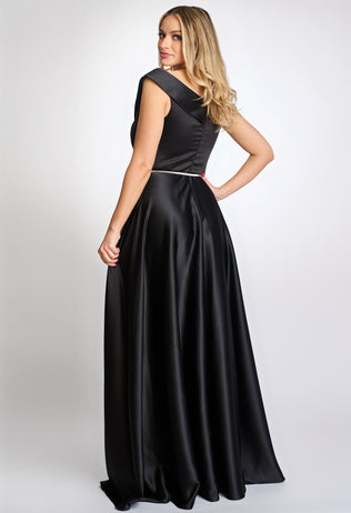 Long black Astrid satin occasion dress with a belt