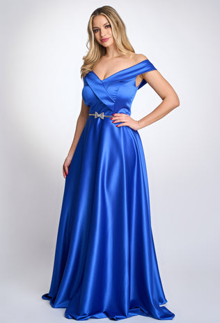 Long blue Astrid satin occasion dress with a belt