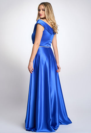 Long blue Astrid satin occasion dress with a belt