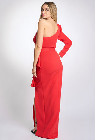 One-shoulder red Katarina occasion dress with a slit