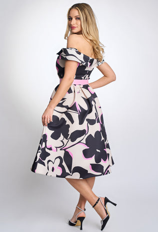 Elegant Blanca occasion dress with floral print and pink accents
