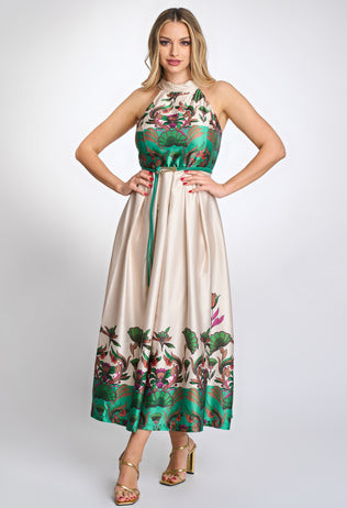 Elegant Florence satin dress with green floral print and a belt