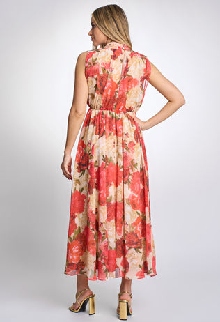 Elegant daytime dress Louise, long with a red floral print