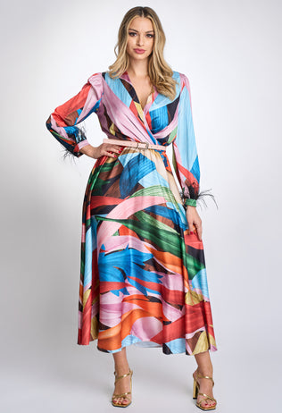 Elegant occasion dress Liona with multicolored print, belt & feathers