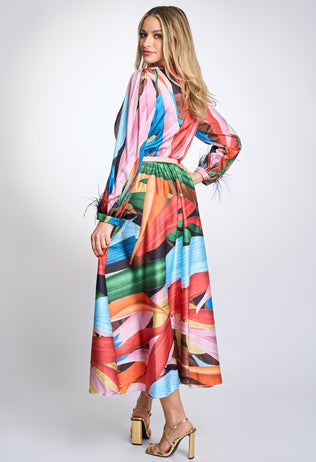Elegant occasion dress Liona with multicolored print, belt & feathers