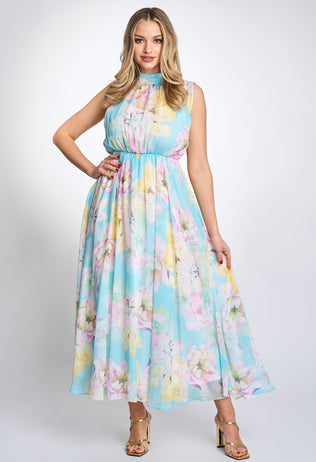 Elegant daytime dress Louise, long with blue floral print