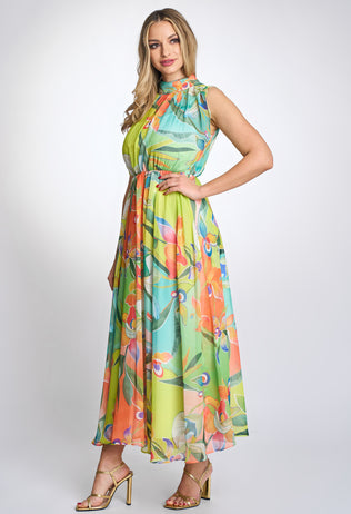 Elegant long Louise daytime dress with a green floral print