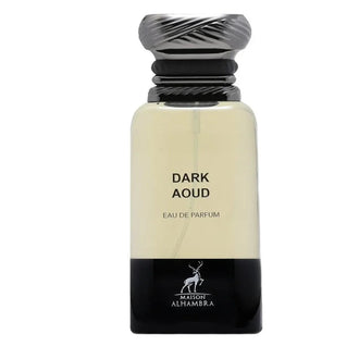 Sticla parfum Alhambra Dark Aoud 80 ml, flacon negru elegant cu detalii aurii si aspect luxos.
