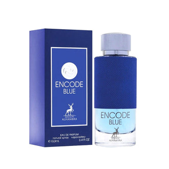 Parfum Alhambra Encode Blue 100 ml, sticla cu accente albastre si textura premium ce evoca oceanul.