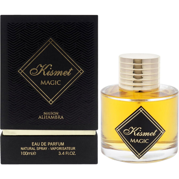 Sticla de parfum Alhambra Kismet Magic 100 ml, design luxos in nuante de chihlimbar.