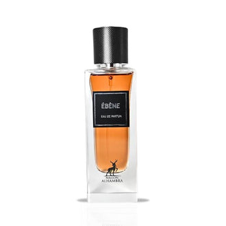 Sticla parfum Alhambra Ebene 90 ml, design minimalist si elegant in nuante inchise cu dop negru.