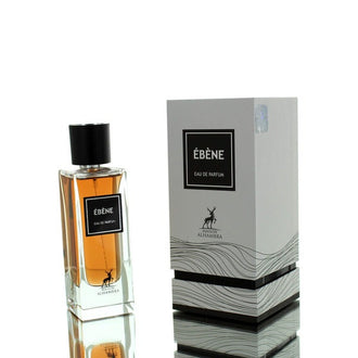 Sticla parfum Alhambra Ebene 90 ml, design minimalist si elegant in nuante inchise cu dop negru.