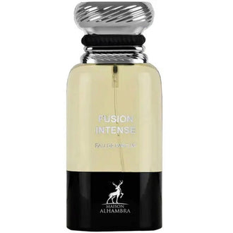 Parfum Alhambra Fusion Intense 80 ml, flacon negru minimalist cu detalii verzi ce evoca prospetimea.