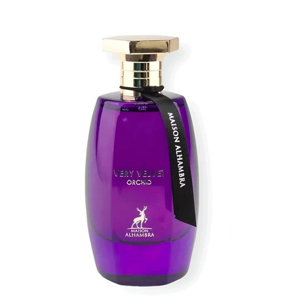 Parfum Alhambra Very Velvet Orchid 100 ml, flacon mov elegant cu design floral.