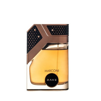 Sticla parfum Rave Marconi Rose Gold 100 ml, flacon elegant in nuante de roz auriu.