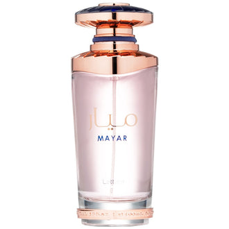 Sticla parfum Lattafa Mayar 100 ml, flacon elegant in nuante de roz pudrat.