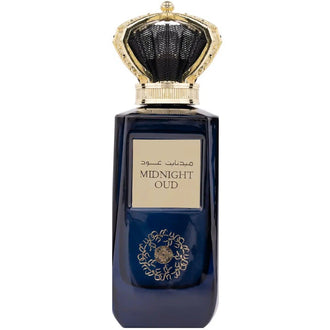 Parfum Lattafa Midnight Oud 100 ml, flacon albastru cobalt cu detalii aurii.