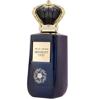 Parfum Lattafa Midnight Oud 100 ml, flacon albastru cobalt cu detalii aurii.