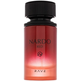 Sticla parfum Rave Nardo Red 100 ml, flacon rosu vibrant cu design modern.