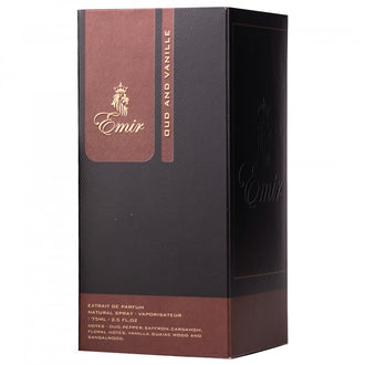 Sticla de parfum Emir Oud and Vanille 75 ml, design elegant si luxos, cu finisaje atent lucrate, potrivit pentru iubitorii de parfumuri orientale rafinate