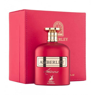 Parfum Alhambra Amberly Amorosso 100 ml, sticla eleganta cu reflexii calde si dop auriu.