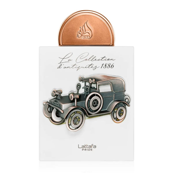 Parfum Lattafa Pride 1886 Car 100 ml, ambalaj retro inspirat de primele automobile.
