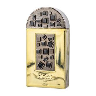 Sticla parfum Lattafa Pride Maharjan Gold 100 ml, design festiv si stralucitor.