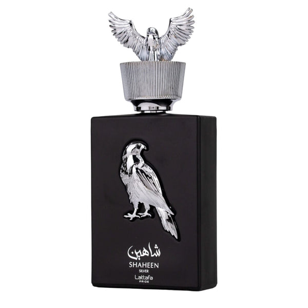 Parfum Lattafa Pride Shaheen Silver 100 ml, design cu soim argintiu impunator.
