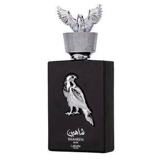 Parfum Lattafa Pride Shaheen Silver 100 ml, design cu soim argintiu impunator.