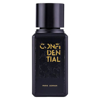 Sticla de parfum Paris Corner Confidential 100 ml, design elegant si luxos, cu finisaje atent lucrate, potrivit pentru iubitorii de parfumuri orientale rafinate