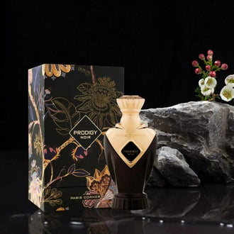 Sticla de parfum Paris Corner Prodigy Noir  ml, design elegant si luxos, cu finisaje atent lucrate, potrivit pentru iubitorii de parfumuri orientale rafinate
