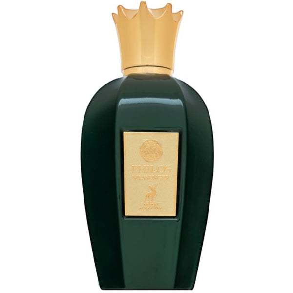 Parfum Alhambra Philos Messenger 100 ml, flacon verde cu textura catifelata.