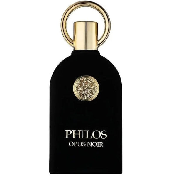 Sticla parfum Alhambra Philos Opus Noir 100 ml, flacon negru catifelat cu detalii aurii.