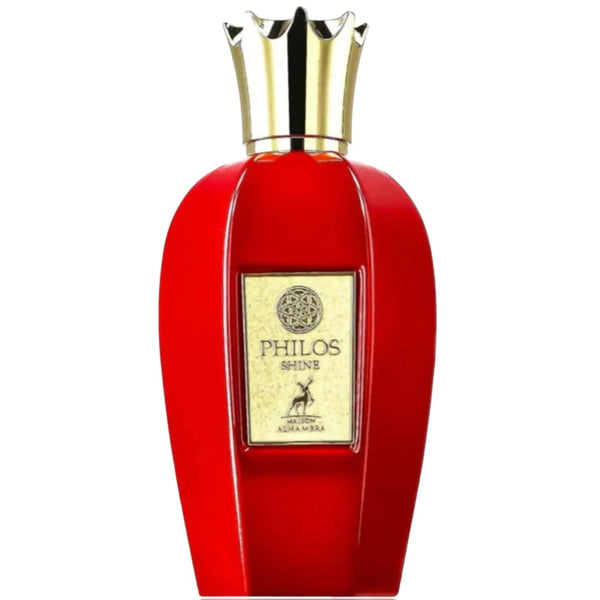 Sticla parfum Alhambra Philos Shine 100 ml, flacon galben auriu cu textura deosebita.