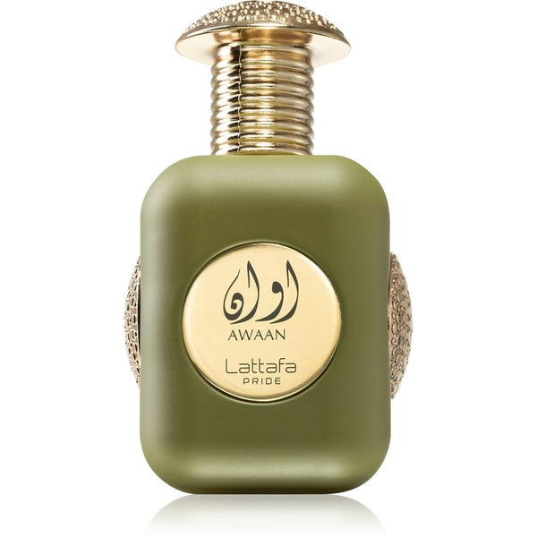 Sticla parfum Lattafa Pride Awaan Gold 100 ml, flacon auriu cu design contemporan.
