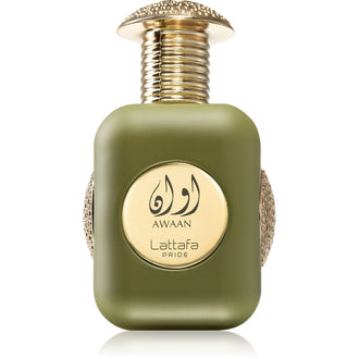Sticla parfum Lattafa Pride Awaan Gold 100 ml, flacon auriu cu design contemporan.