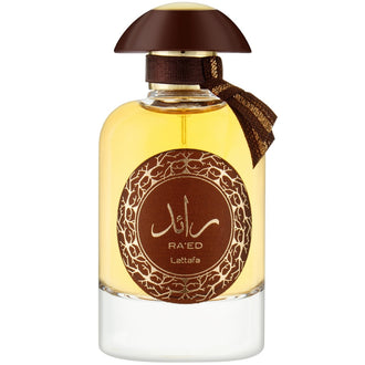 Parfum Lattafa Raed Oud 100 ml, flacon elegant in tonuri pamantii.