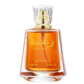 Sticla parfum Lattafa Raghba 100 ml, flacon clasic cu lichid ambrat.