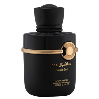 Sticla parfum Risala Sensual Oud 100 ml, design elegant si misterios.