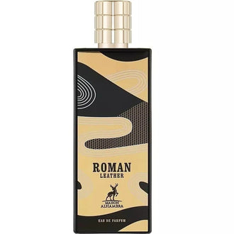 Sticla parfum Alhambra Roman Leather 80 ml, flacon verde cu motive grafice aurii.