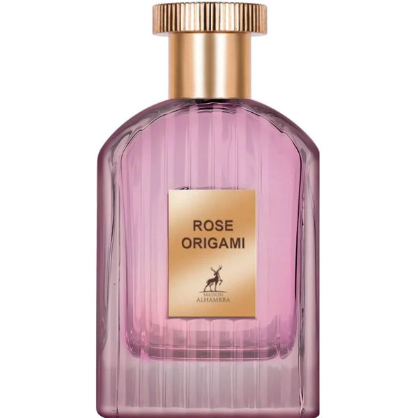 Parfum Alhambra Rose Origami 100 ml, flacon roz delicat cu design geometric.