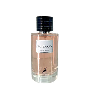 Sticla parfum Alhambra Rose Oud 100 ml, flacon elegant in tonuri de rosu inchis.