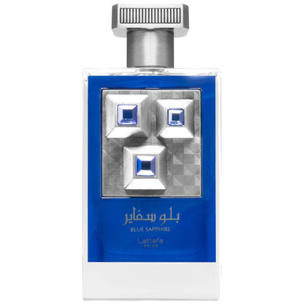 Sticla parfum Lattafa Pride Blue Saphire 100 ml, flacon albastru regal cu detalii aurii.