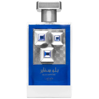 Sticla parfum Lattafa Pride Blue Saphire 100 ml, flacon albastru regal cu detalii aurii.