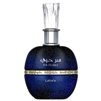 Sticla parfum Lattafa Ser Hubbee 100 ml, flacon in nuante de mov.