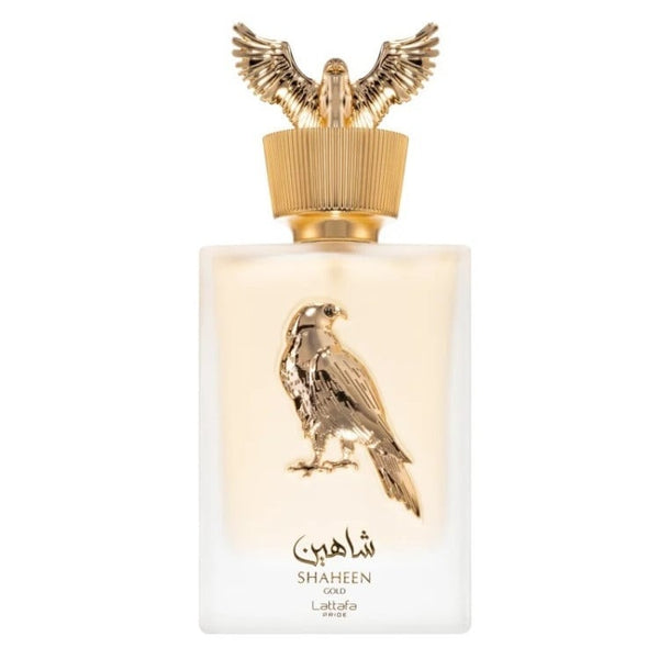 Sticla parfum Lattafa Pride Shaheen Gold 100 ml, design cu simbolul soimului auriu.