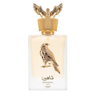 Sticla parfum Lattafa Pride Shaheen Gold 100 ml, design cu simbolul soimului auriu.