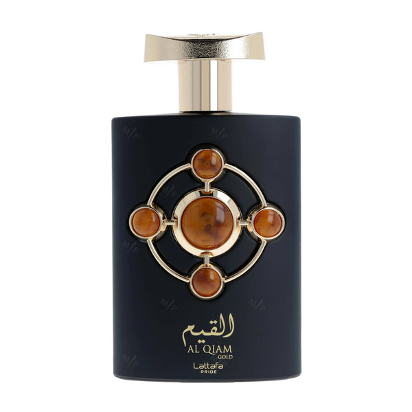 Sticla parfum Lattafa Pride Al Qiam Gold 100 ml, flacon sculptural auriu.