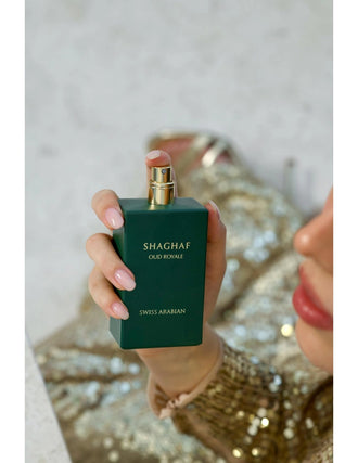 Sticla de parfum Swiss Arabian Shaghaf Oud Royale 75 ml, design elegant si luxos, cu finisaje atent lucrate, potrivit pentru iubitorii de parfumuri orientale rafinate