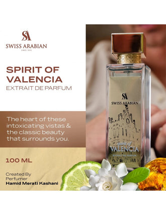 Sticla de parfum Swiss Arabian Spirit of Valencia Extrait de Parfum 100 ml, design elegant si luxos, cu finisaje atent lucrate, potrivit pentru iubitorii de parfumuri orientale rafinate